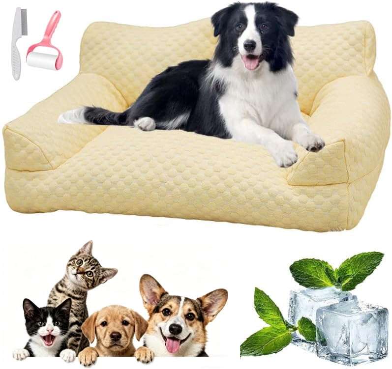 Dog Cooling Sofa Bed, Orthopedic Bolster Dog Sofa Bed, Breathable Sleeping Couch Pet Bed, Waterproof Lining and Nonskid Bottom, for Large Small Dogs & Cats (Yellow, L-29.52 * 19.68 * 9.84 in)