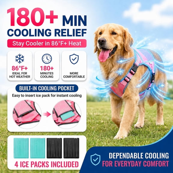 Dog Cooling Vest Harness with 4 Ice Packs, Dry Touch No Condensation Cool Jacket, Comfortable Adjustable Cooling Harness for Medium Large Dogs Summer Walking Beach Car Travel