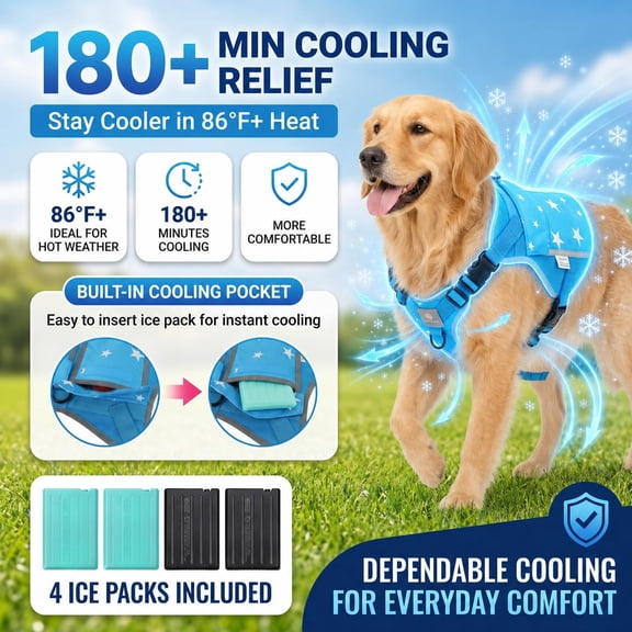 Dog Cooling Vest Harness with 4 Ice Packs, Dry Touch No Condensation Cool Jacket, Comfortable Adjustable Cooling Harness for Medium Large Dogs Summer Walking Beach Car Travel