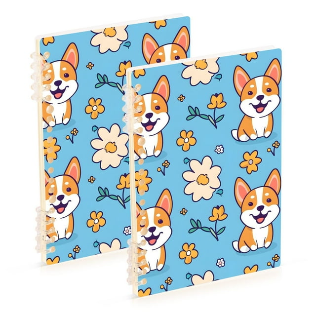 Dog Corgi and Flowers Ring Binder Notebook Journey Note Diary College Ruled Spiral Notebook Study Loose Leaf Paper A5 60 Pages