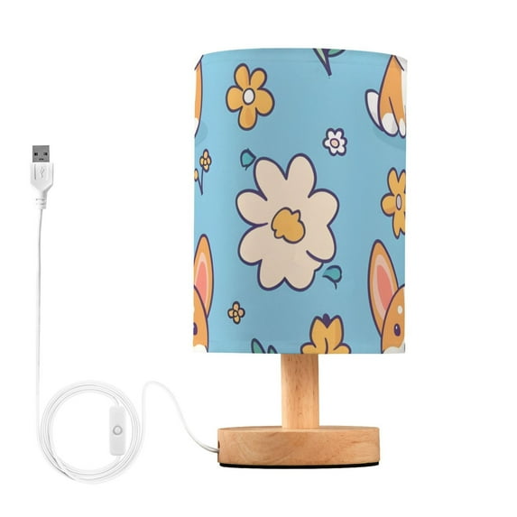 Dog Corgi and Flowers Table Lamp USB Bedside Desk Nightstand Lamp Printed Gifts Small Lamp Wood Base for Bedroom Living Room Kids Room College Dorm