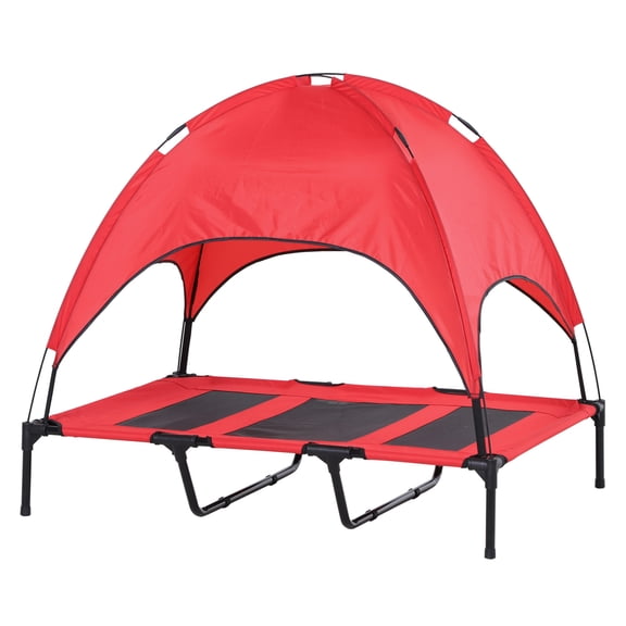 Dog Cot 48x36in Elevated Pet Bed w/ Canopy Shade, Portable Cooling Outdoor Dog Bed for Large Dogs up to 110lbs, Breathable Mesh