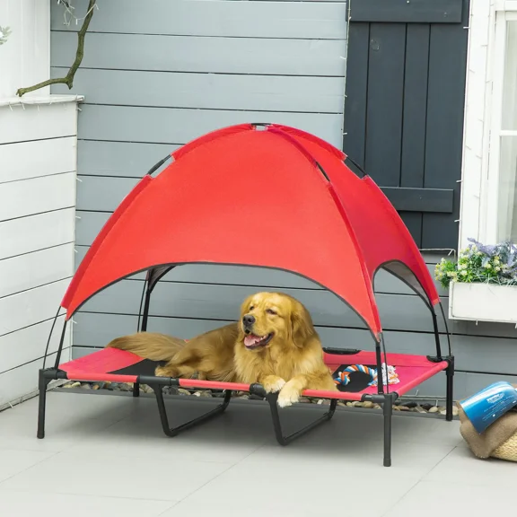 Dog Cot Cooling Pet Bed Elevated Breathable Design with Canopy Lightweight Steel Frame Foldable with Travel Bag for XXL Dogs Under 110 lbs (Red & Black)