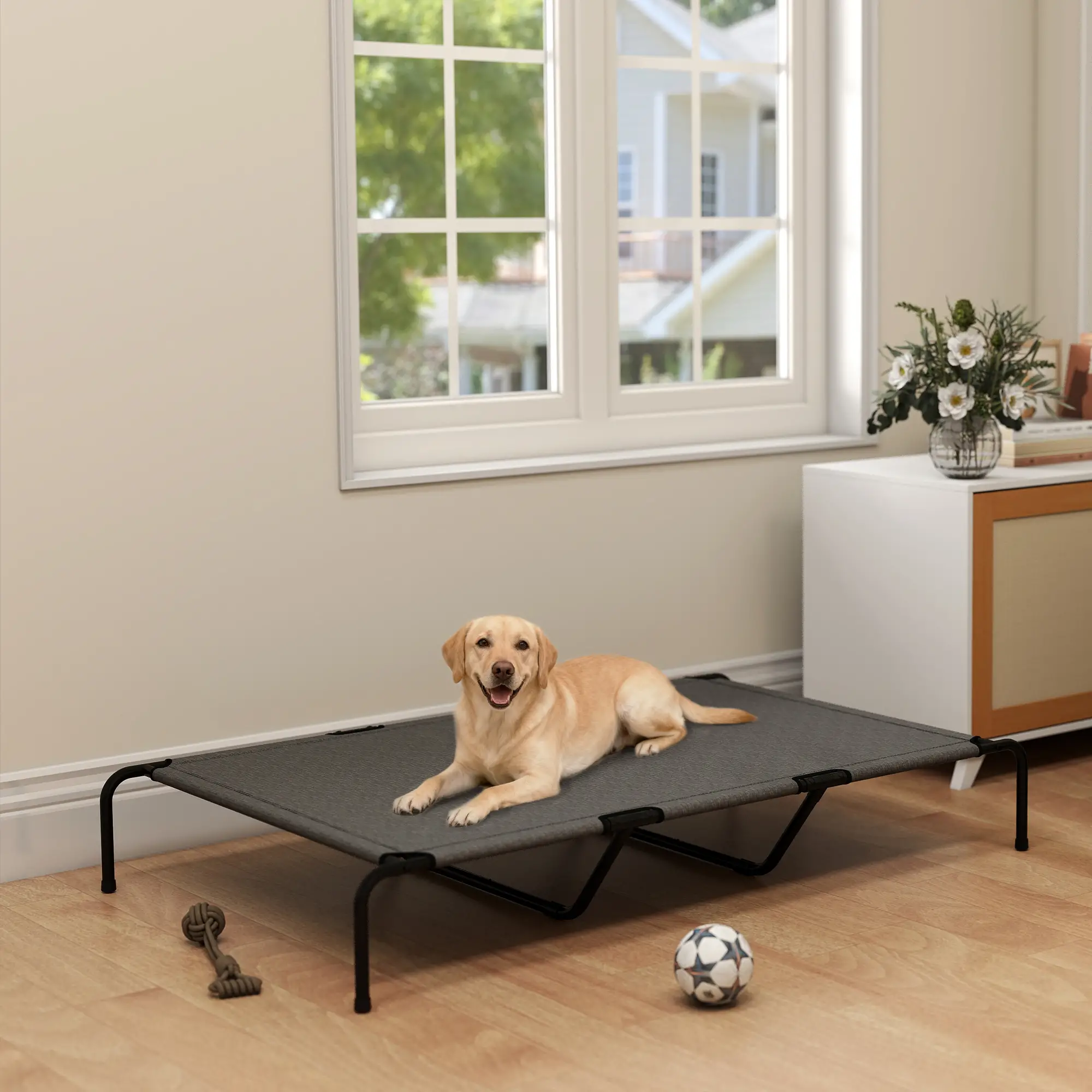 Dog Cot Cooling Pet Bed for Large Dogs Up to 149 Lbs 9.1" Elevated Breathable Mesh Bed Indoor Outdoor Use Black/Gray