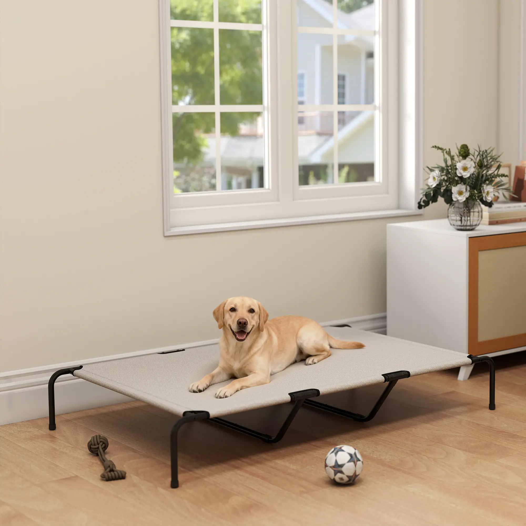 Dog Cot Cooling Pet Bed for Large Dogs Up to 149 Lbs Elevated 9.1" Breathable Mesh Pet Bed, Indoor Outdoor Use Black/Gray