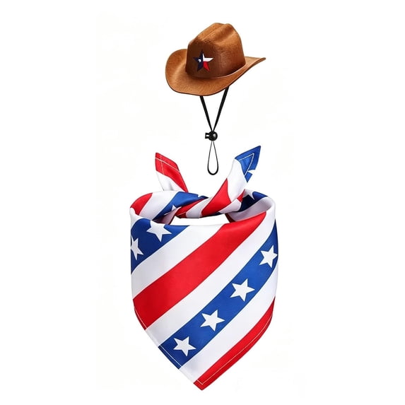 Dog Cowboy Hat and Bandana Set with Adjustable Chin Strap, One Size, Brown and Patriotic Stars and Stripes Design, for Small to Medium Dogs and Cats, Pet Halloween Accessories