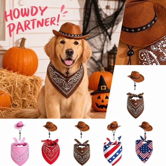 Dog Cowboy Hat Set Featuring Faux Suede & Star Print Bandana, Adjustable Fit Dog Halloween for Pets & Holiday Photos, Fun Halloween Pet Gift with Cowboy Gear
