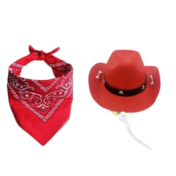 Dog Cowboy Hat with Star Decoration Dog Cowboy for Small Pet Dogs Cat Cowboy Hat with Bandana Scarf Set Party Accessories (Red,L/19cm/7.48inch)