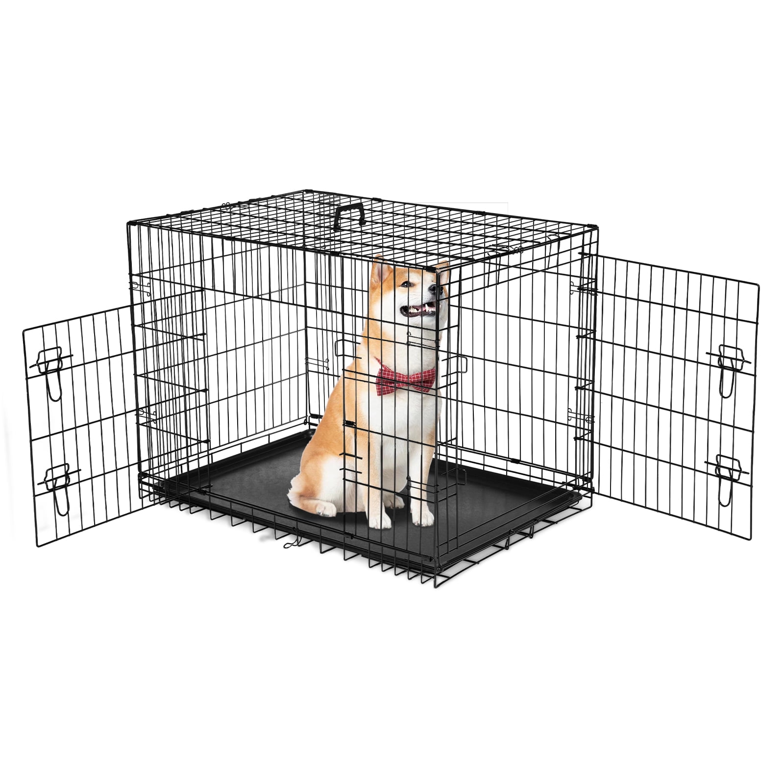 Dog Crate, 36" Folding Double-Door Metal Dog Cage with Divider and Leak-Proof Tray, Portable Pet Kennel for Medium Dogs, Indoor/Outdoor Use