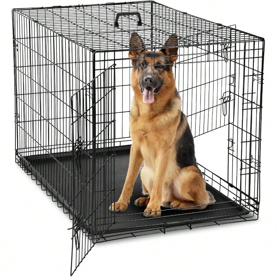 Popxstar Double Door Folding Metal Wire Dog Cage with Plastic Leak-Proof Pan Tray Extra Large Pet Kennel for Indoor Outdoor Travel