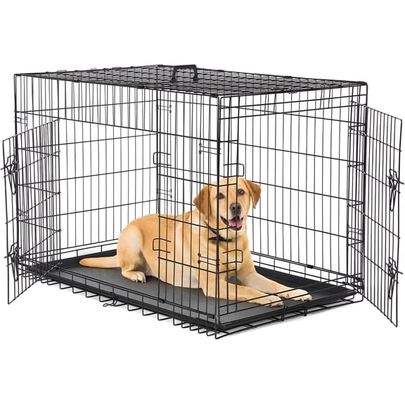 Dog Crate, 42 Inch Large Double Door Dog Cage with Plastic Leak-Proof Pan Tray, Folding Medium Size Metal Wire Pet Kennel for Indoor, Outdoor, Travel