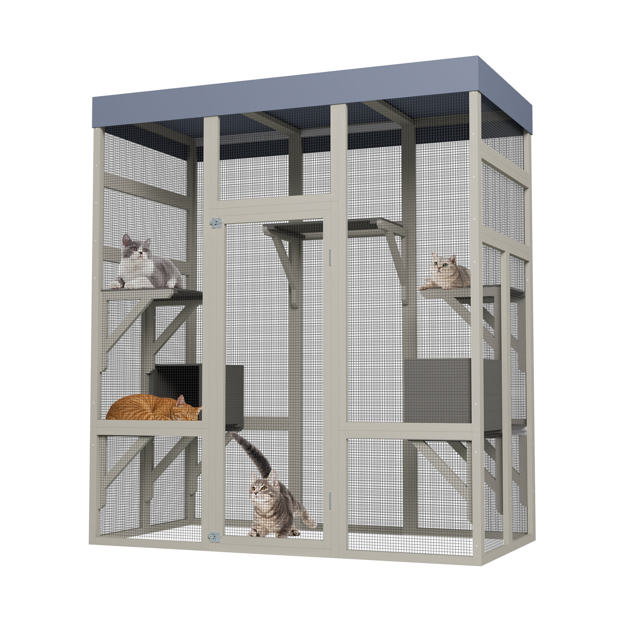 Dog Crate, 62.6" Gray Wooden Catio Outdoor Pet Enclosure with Waterproof Top, Spacious and Secure Cat House & Small Animal Cage, Black Rust-proof Metal Wire, Gray Pet Playpen,Wood Chicken Coop