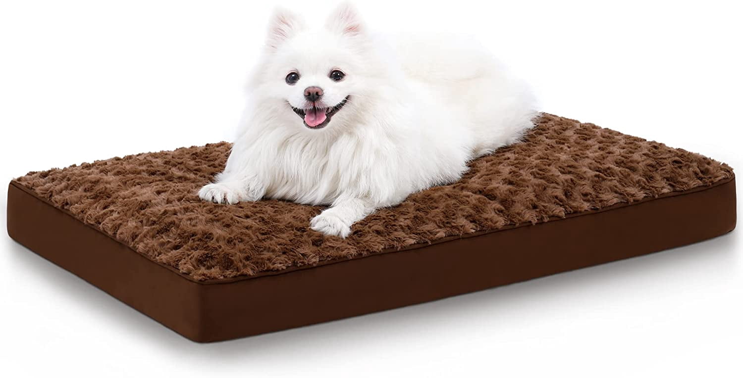 Dog Crate Bed Waterproof Dog Beds for Medium Pets Rose Velvet Soft Fluffy Washable with Removable Cover & Anti-Slip Bottom, 29 x 18 Inch, Brown