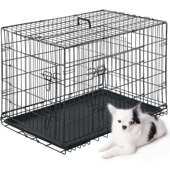 Dog Crate Cage Kennel for Large Medium Dogs Pet Puppy Playpen Wire Animal Metal Folding Travel Divider Double-Door Handle Plastic Tray Indoor Outdoor Double Lock Black Rabbit 24 30 36 42 48 inches