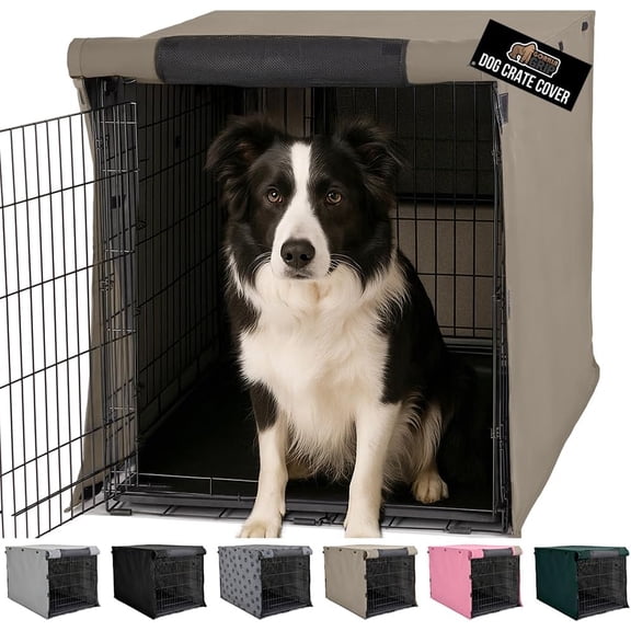 Dog Crate Cover with Breathable Mesh Windows, All-Side Opening Privacy Design for 36" Wire Kennel, Light-Reducing Topper in Light Taupe
