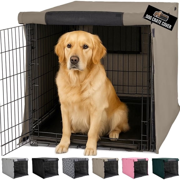 Dog Crate Cover with Breathable Mesh Windows, All-Sides Open Privacy Design for 42" X 28" X 30" Wire Kennel, Light-Reducing Topper, Light Taupe