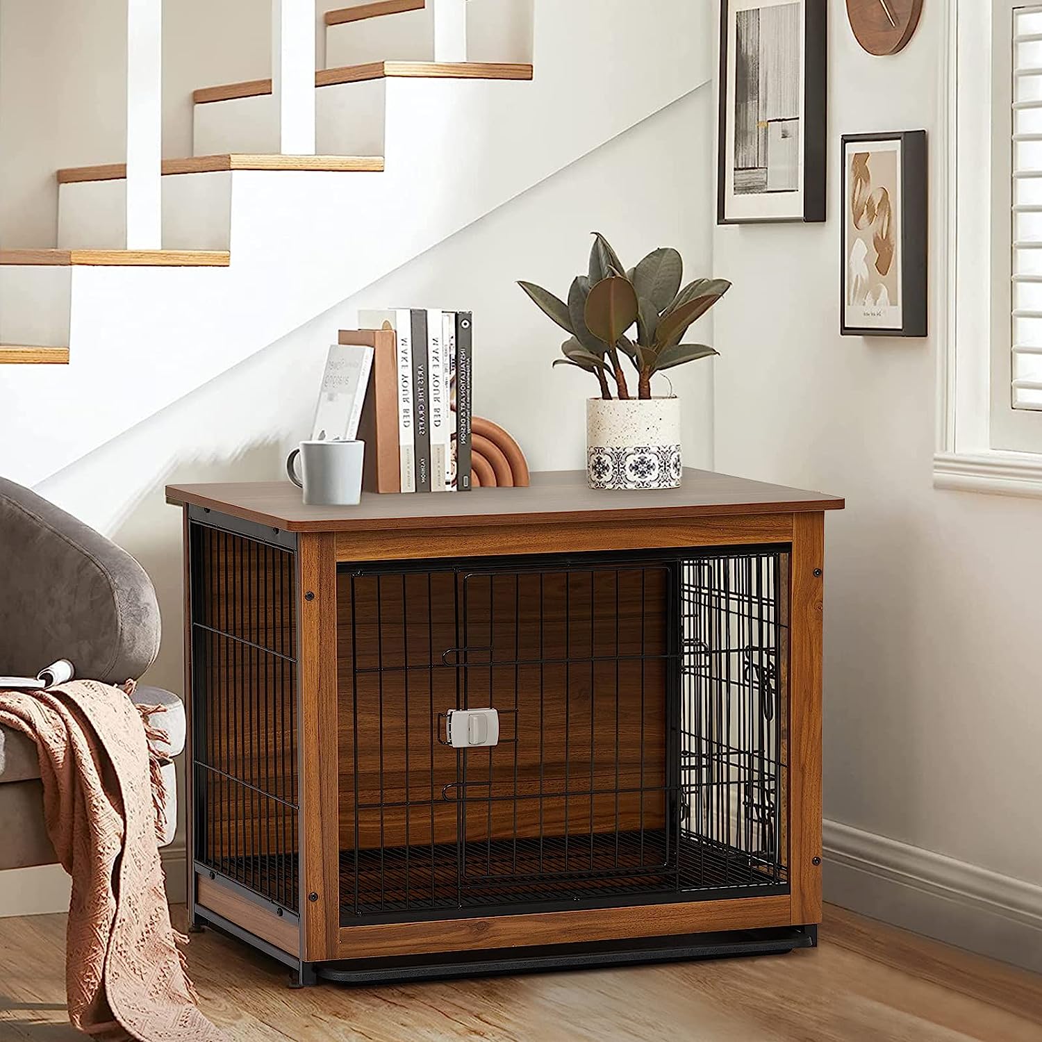 Dog Crate End Table with PullOut Tray,Wooden Dog Crate Furniture, Dog