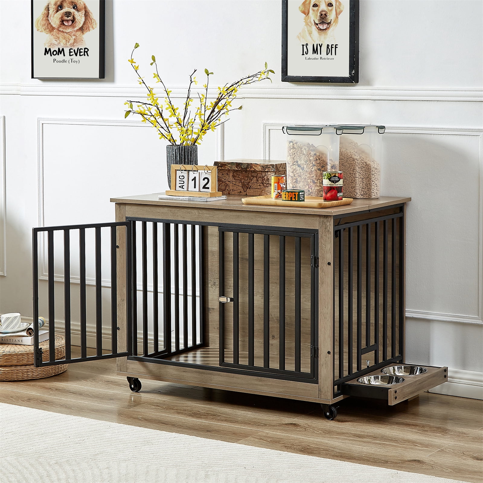 Image showcasing Dog Crate with Feeding Bowl, Wheels, Three Doors, Flip-Up Top Opening ...