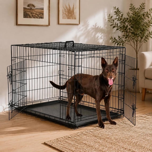 Dog Crate, Foldable Metal Wire with Double Doors, Divider Panel, Removable Tray, 48 Inch, for Travel, Home and Training