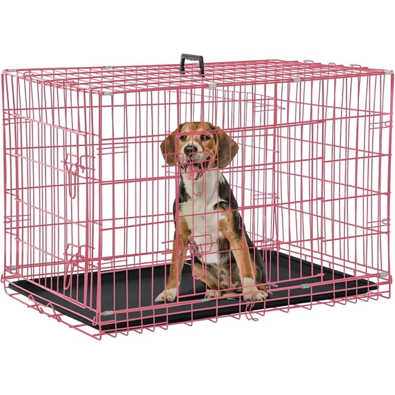 Dog Crate, Folding Portable Outdoor Large Two Door Metal Cat Dog Cage with ABS Tray LC Panel Floor Protecting Feet Wire Animal Pet Dog Kennel with Divider