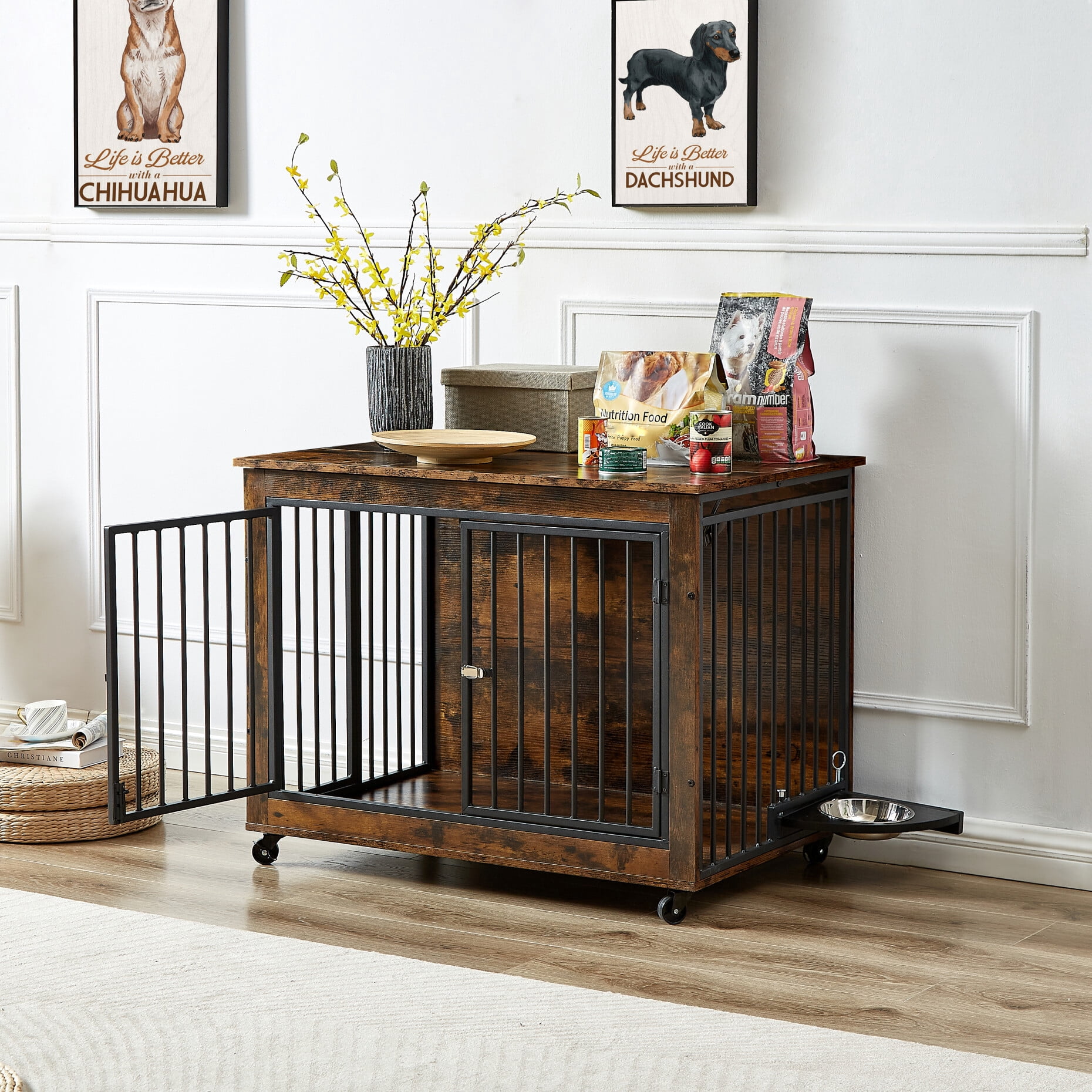 Dog Crate Furniture with 180 Degree Rotatable Bowl, Dog Crate Side ...