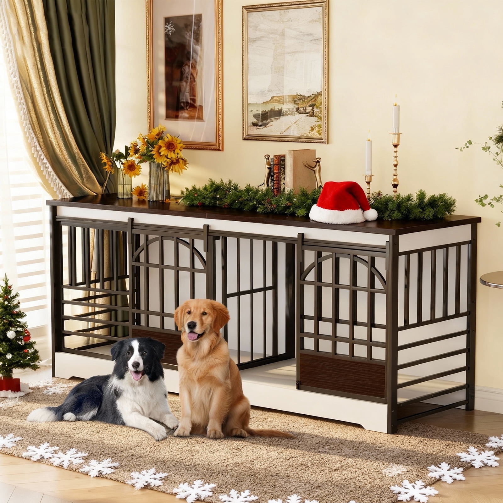 78 inch Dog Crate Furniture for 2 Large Medium Dogs,Heavy Duty Dog Kennel Indoor with Removable Divider,Extra Large Double Cage Large Breed,XXL Thick Wooden Crate TV Stand,White