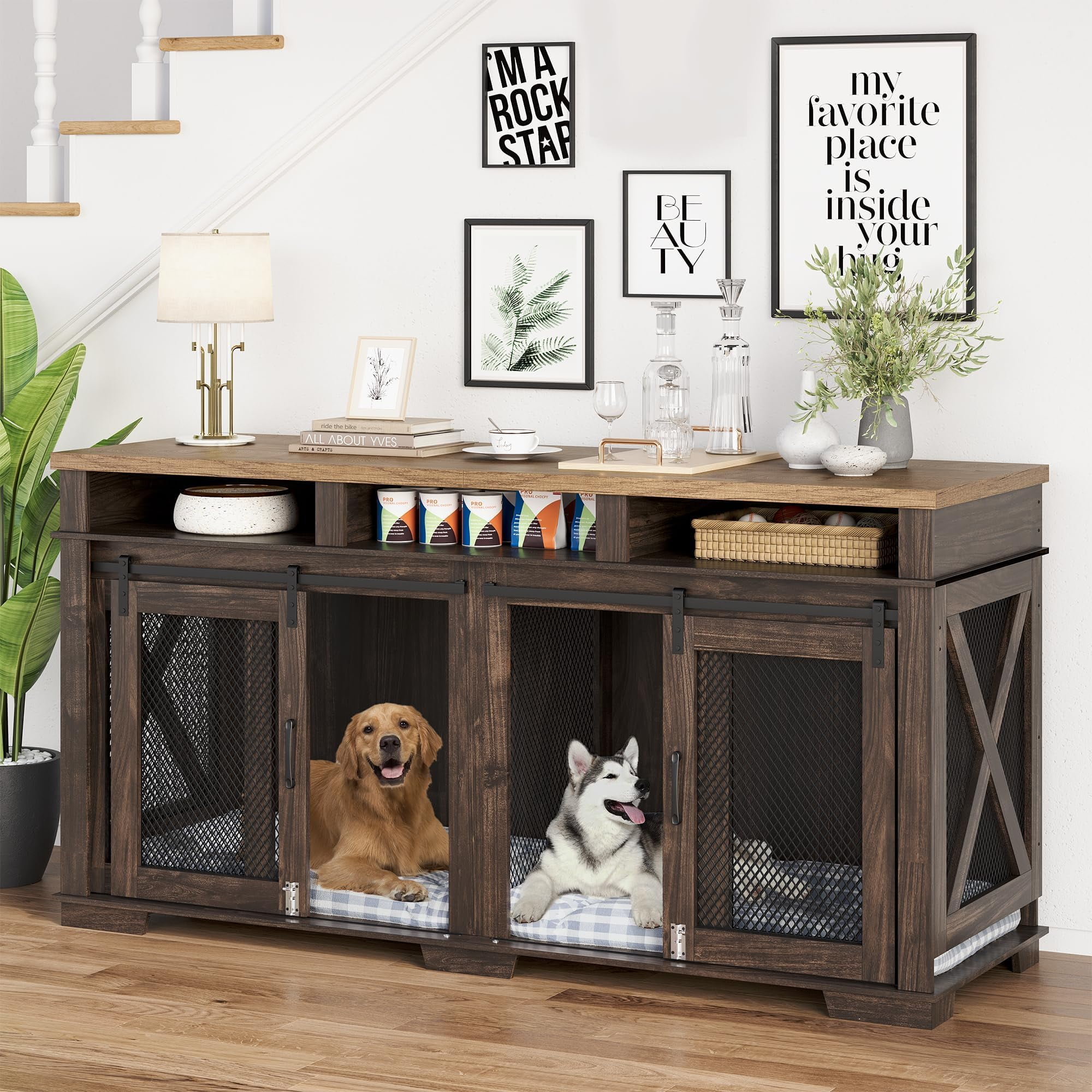Dog Crate Furniture for 2 Dogs, Wooden Dog Cage with Storage Compartment, Indoor Dog Kennel with Removable Divider and 2 Sliding Barn Door for Large/Medium Dogs