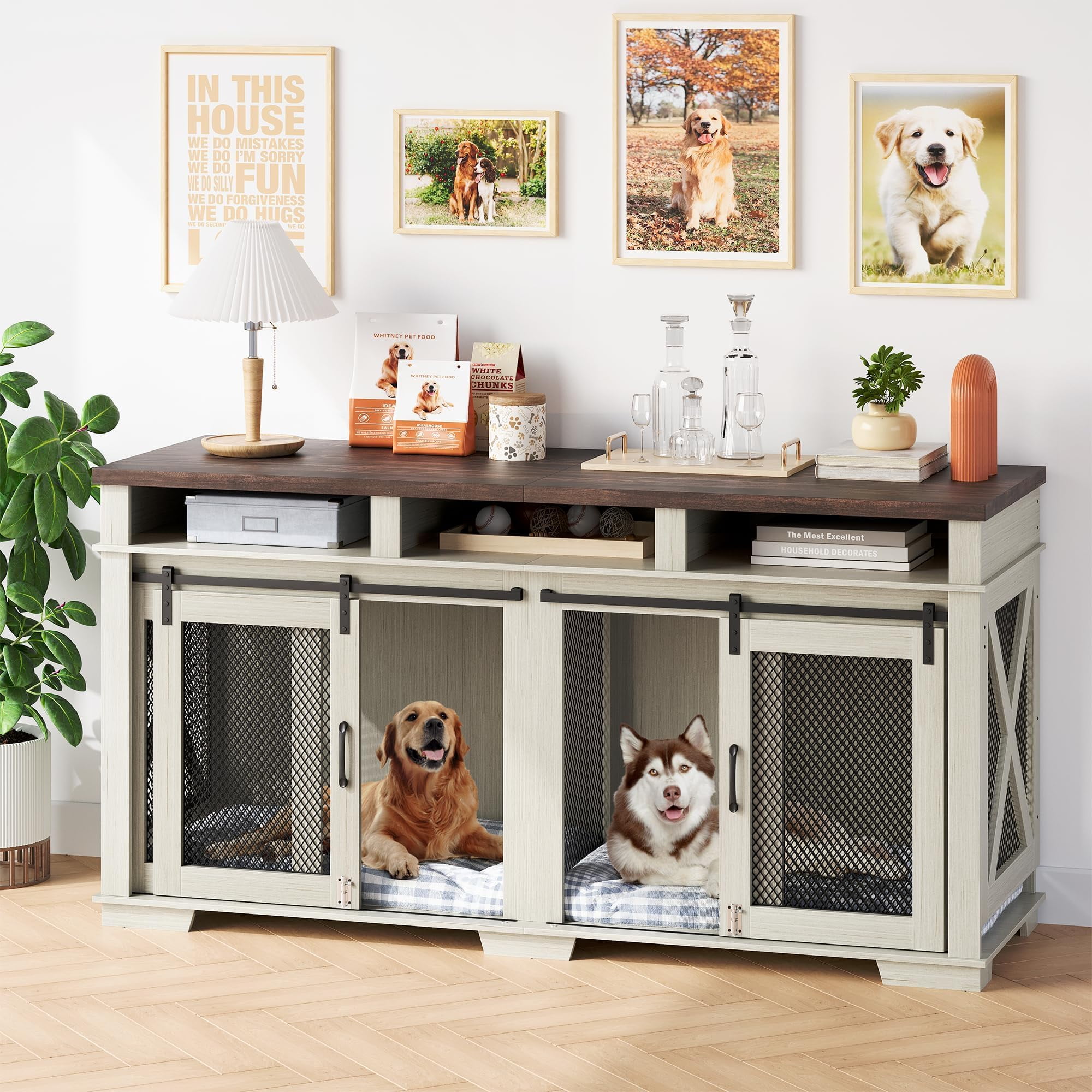 Dog Crate Furniture for 2 Dogs, Wooden Dog Cage with Storage Compartment, Indoor Dog Kennel with Removable Divider and 2 Sliding Barn Door for Large/Medium Dogs
