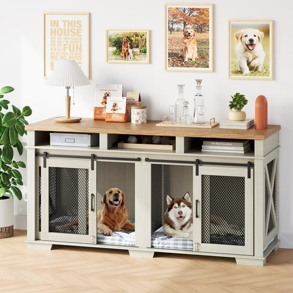 Dog Crate Furniture for 2 Dogs, Wooden Dog Cage with Storage Compartment, Indoor Dog Kennel with Removable Divider and 2 Sliding Barn Door for Large/Medium Dogs