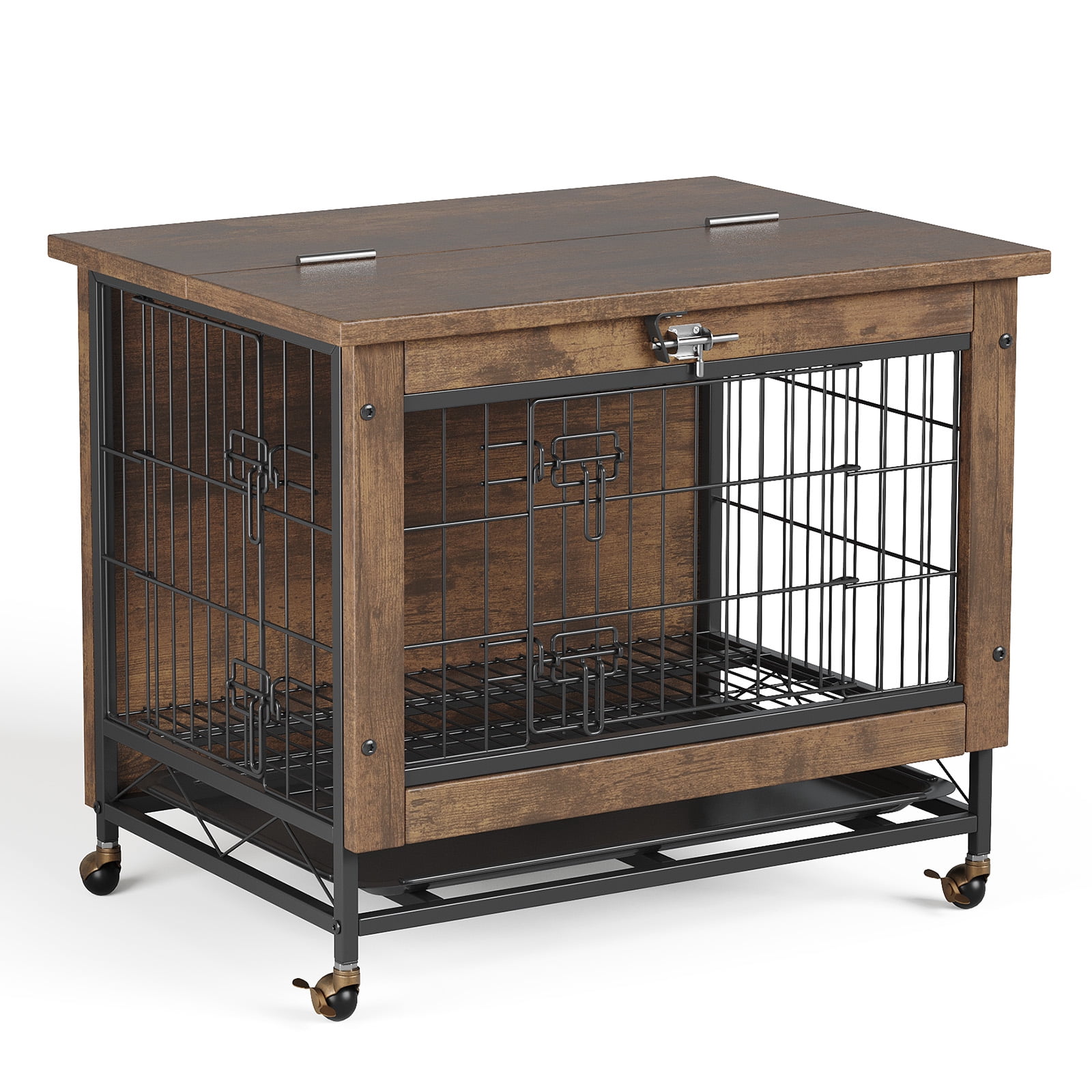 Dog Crate Furniture with 2 Doors, Indoor Small Dog Crates with Wheels, Heavy Duty Wooden Kennel Furniture, End Side Table Cage, Anti-Chew, Rustic Brown