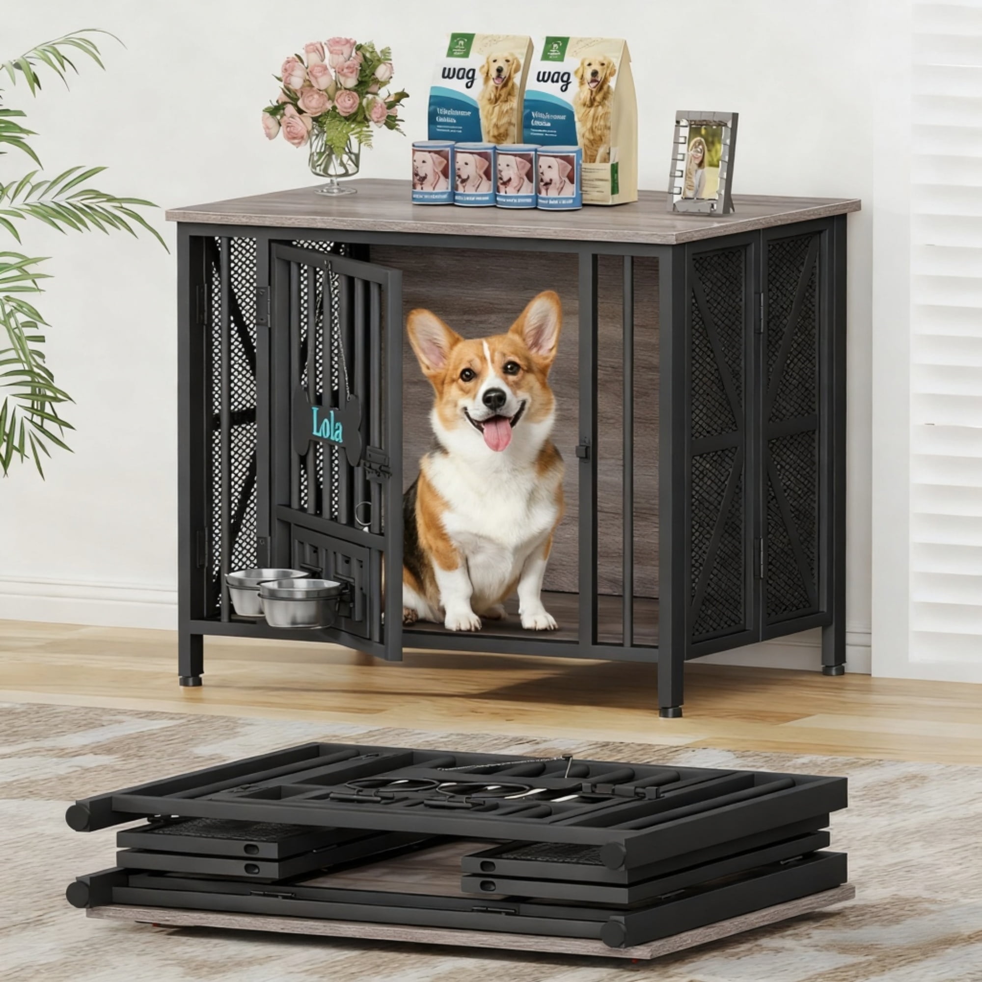POAO 31.5"Assembly-Free Dog Crate Furniture for Small Dog, Foldable Dog Kennel Indoor with Tag &Adjustable Dog Bowls, Wooden Dog Cage,End Table