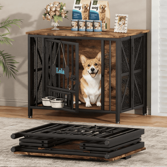 POAO 31.5" Assembly-Free Dog Crate Furniture for Small Dog, Foldable Dog Kennel Indoor with Tag & Adjustable Bowls, Dog Cage Use as End Table, Brown