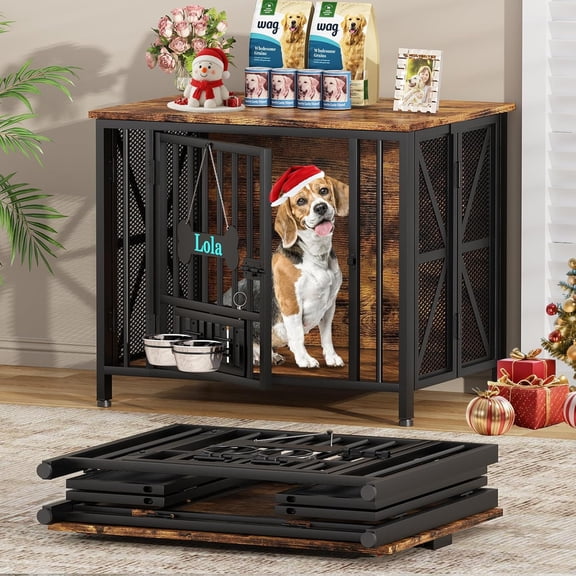 Dog Crate Furniture, 31.5" Assembly-Free Dog Crates for Small & Medium Dogs, Foldable Dog Kennel Indoor with Tag & Adjustable Dog Bowls, Wooden Dog Cage Use as End Table, Rustic Brown