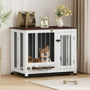 Dog Crate Furniture, 31.5'' Dog Kennel Indoor Foldable and Portable, Sturdy Wooden Dog Crate End Table Easy Assembly with 360° Rotating Feeder and Detachable Tray for Small Dogs,Medium Dogs