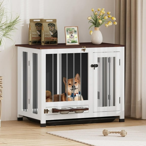 Dog Crate Furniture, 31.5'' Dog Kennel Indoor Foldable and Portable, Sturdy Wooden Dog Crate End Table Easy Assembly with 360° Rotating Feeder and Detachable Tray for Small Dogs,Medium Dogs
