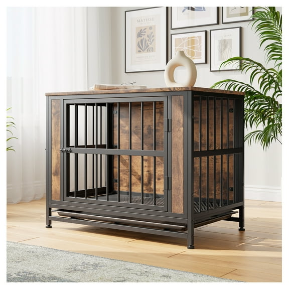 Dog Crate Furniture, 32.8" Wooden Kennel, Indoor Dog House with 2 Doors, Rustic Brown