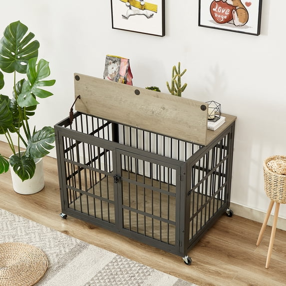 Dog Crate Furniture, 38.4" Large Dog Kennel Indoor with Flip-Top, Indestructible Dog Crate End Side Table with Wheels,Modern Furniture Style Pet Cage with Side Openings for Large Medium Size Dogs