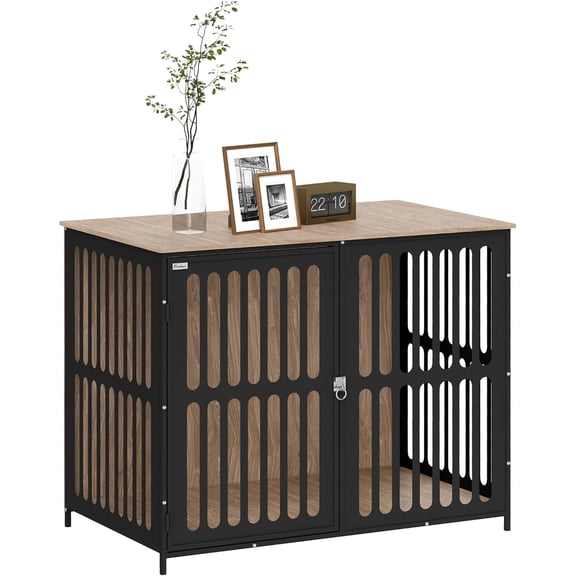 Dog Crate Furniture, 39" Dog Cage Furniture End Side Table with Anti-Chew Resistant Mesh, Anti-Escape Single Door, Heavy Duty Dog Kennel Indoor for Large Dogs, Walnut Brown