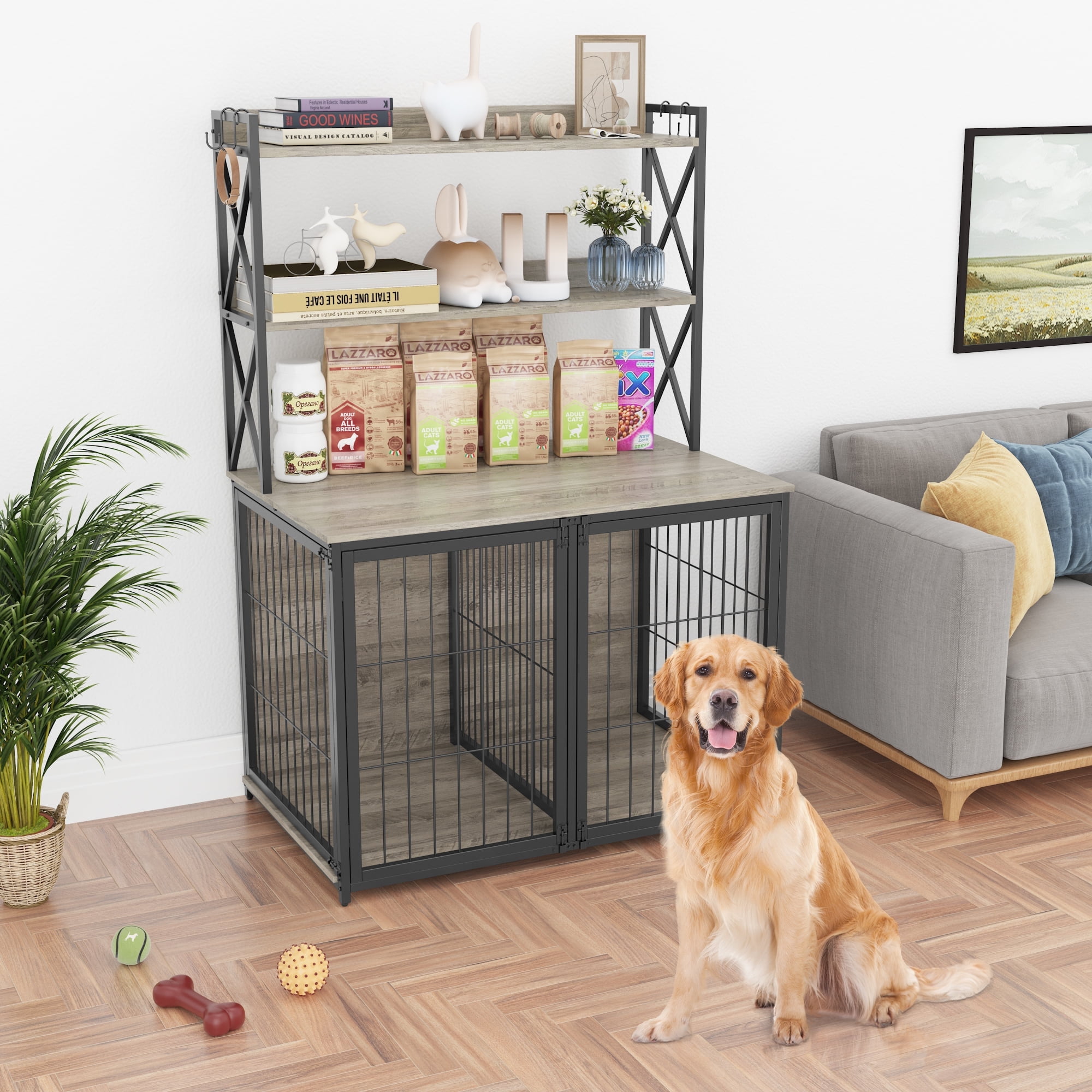 Dog Crate Furniture 42.5 Inch Dog Cage with Storage Shelves Wooden Dog Crate End Table with Flip Top and Movable Divider Large Dog Kennel Indoor