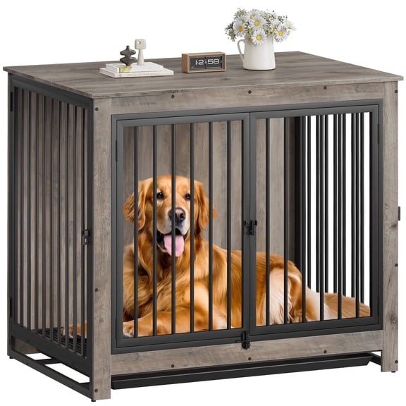 Dog Crate Furniture, 42 Inch Indoor Large Dog Kennel for Medium to Large Dogs Up to 70 LBS, Heavy Duty Wooden Pet Crate with 3 Doors, Alloy Steel Frame & Removable Tray
