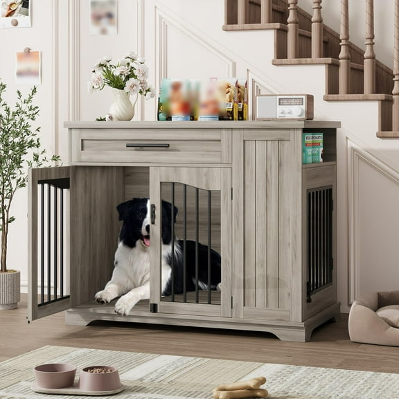 Dog Crate Furniture,44 Inch Wooden Dog Kennel Indoor with 1 Storage Drawers&Feeding Bowls,Heavy Duty Large Crate Furniture, Decorative End Table Cage Furniture for Small/Medium/Large