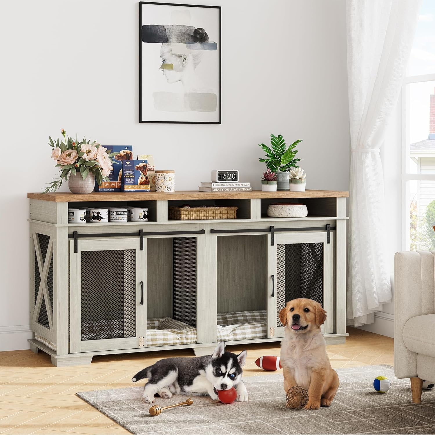 Dog Crate Furniture,71" Heavy Duty Dog Kennel with 3 Storage Cubby&Removable Divider and 2 Sliding Barn Door for 2 Dogs