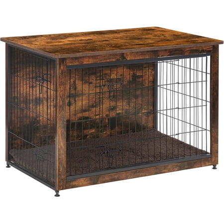 Dog Crate Furniture with Cushion, Wooden Dog Crate Table, Double Doors Dog Furniture, Indoor Dog Kennel, Dog House, Dog Cage Medium, 32.5" L, Rustic Brown