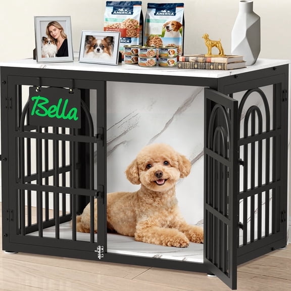 Dog Crate Furniture with Cushion, Wooden Dog Kennel End Table with Double Doors, Heavy Duty Indoor Dog House for Small Medium Large Dogs, Marble pattern, 32in