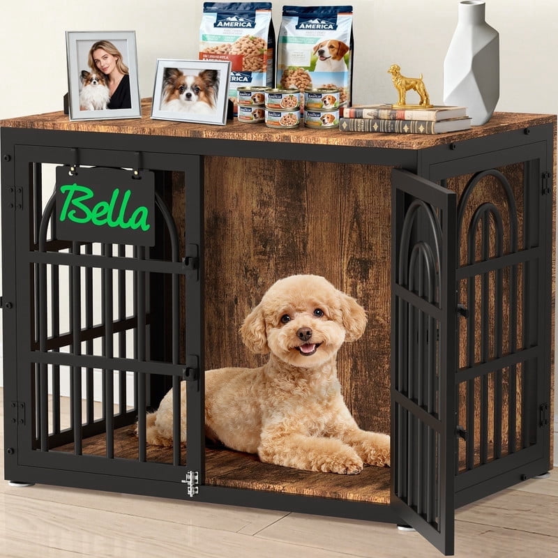 Dog Crate Furniture with Cushion, Wooden Dog Kennel End Table with Double Doors, Heavy Duty Indoor Dog House for Small Medium Large Dogs, Rustic Brown, 32in