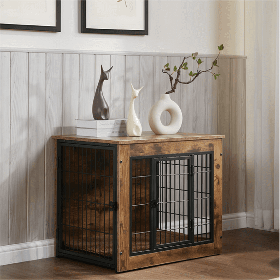 Dog Crate Furniture with Cushion, Wooden Dog Kennel Furniture, Heavy Duty Dog Cage, 27" Dog Kennel with Double Doors, Dog Crates for Small/Medium Dogs, Rustic Brown, Small