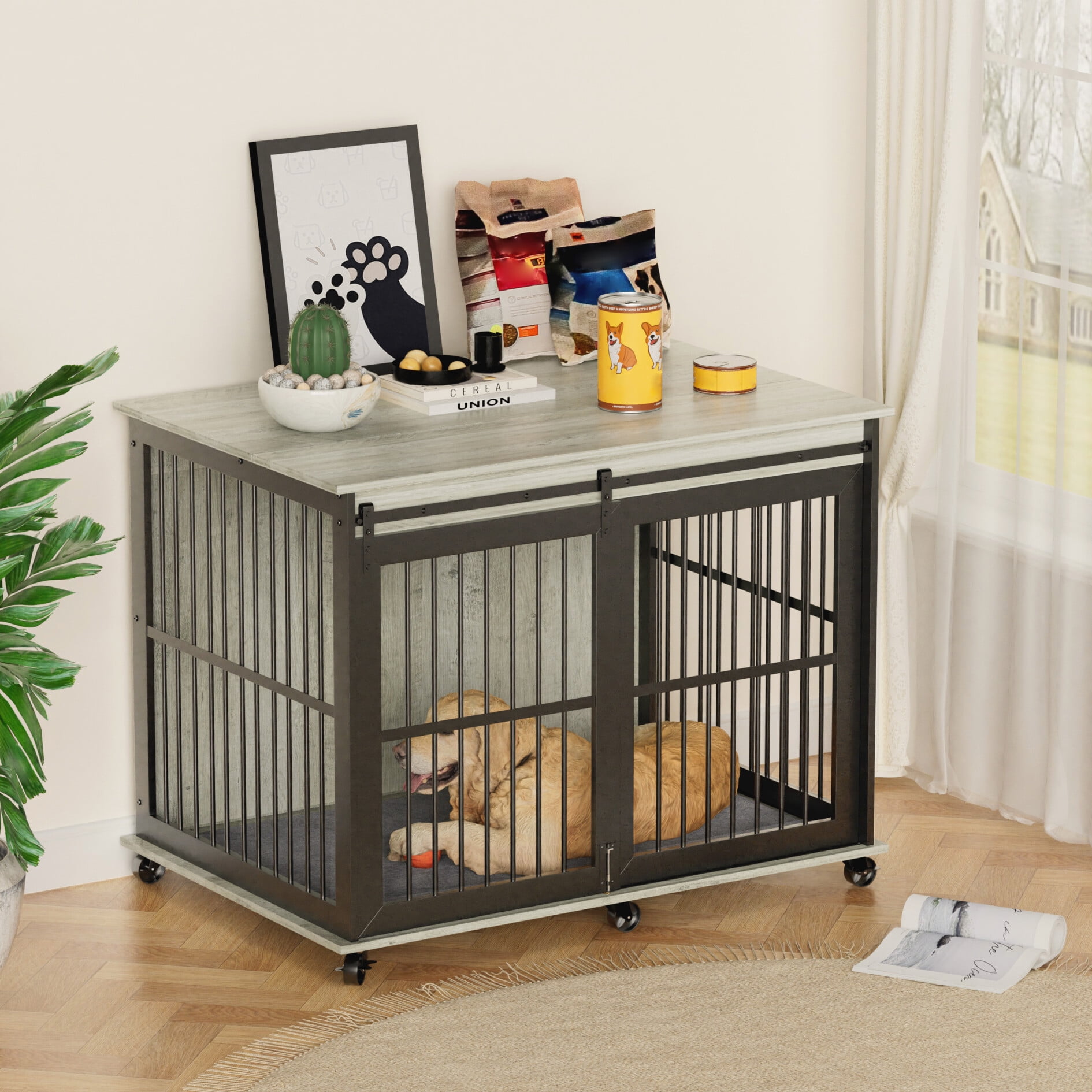 Dog Crate Furniture with Cushion, Wooden Dog Crate Table, Sliding Iron