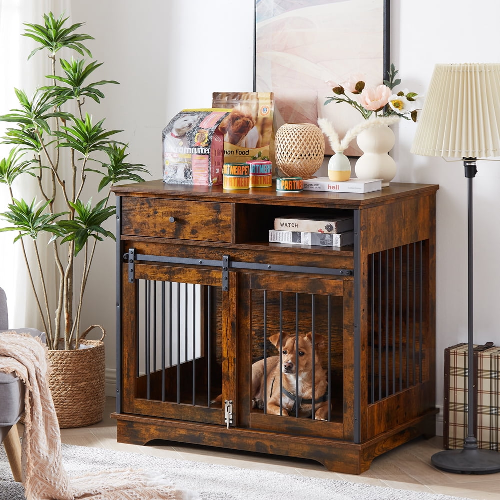 Dog Crate Furniture, Dog Crate with Drawer & Sliding Door, Wooden Dog