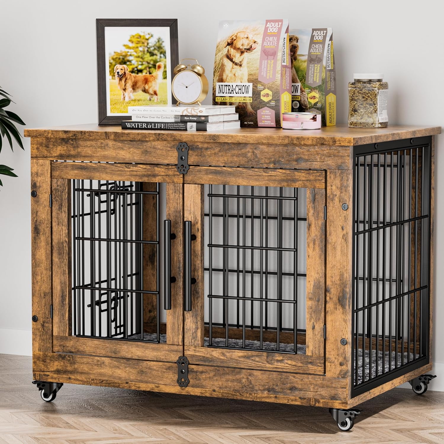 Image result for Dog Crate Furniture, Dog Kennel Indoor Double Doors Wooden Dog Cage, 32'' Heavy Duty Dog Crate ...