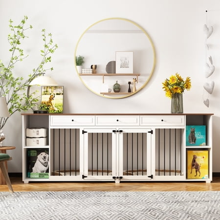 Dog Crate Furniture Dog Kennel with 3 Drawer Double Doors with Locks - 94.8"W